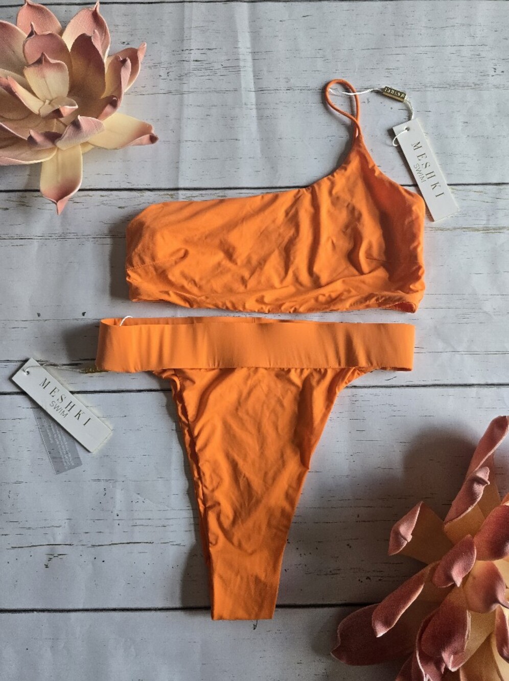 Meshki Orange One Shoulder Cheeky Swim Set